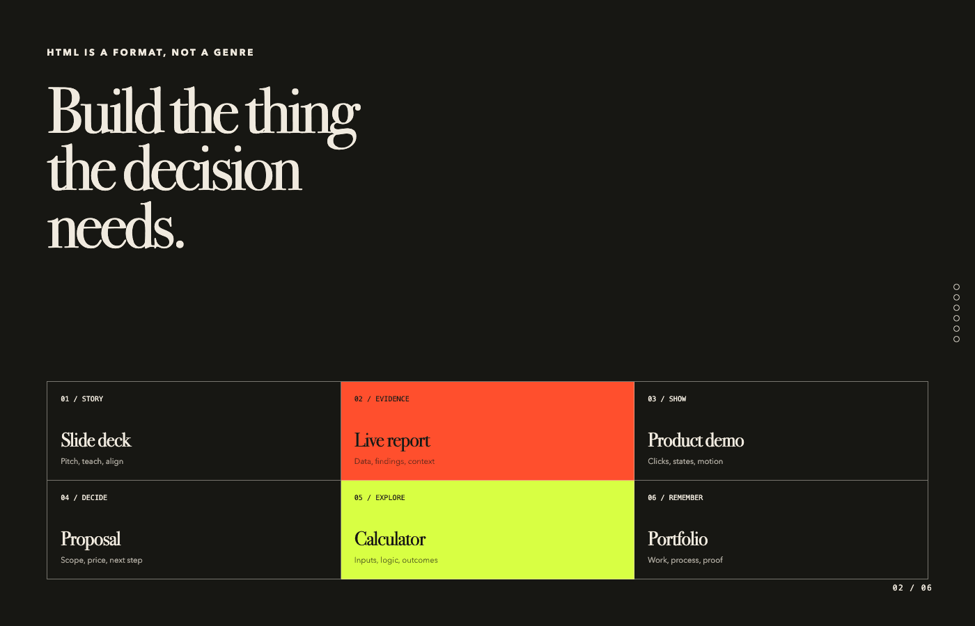 Northstar deck slide showing six useful artifacts that can be built with HTML