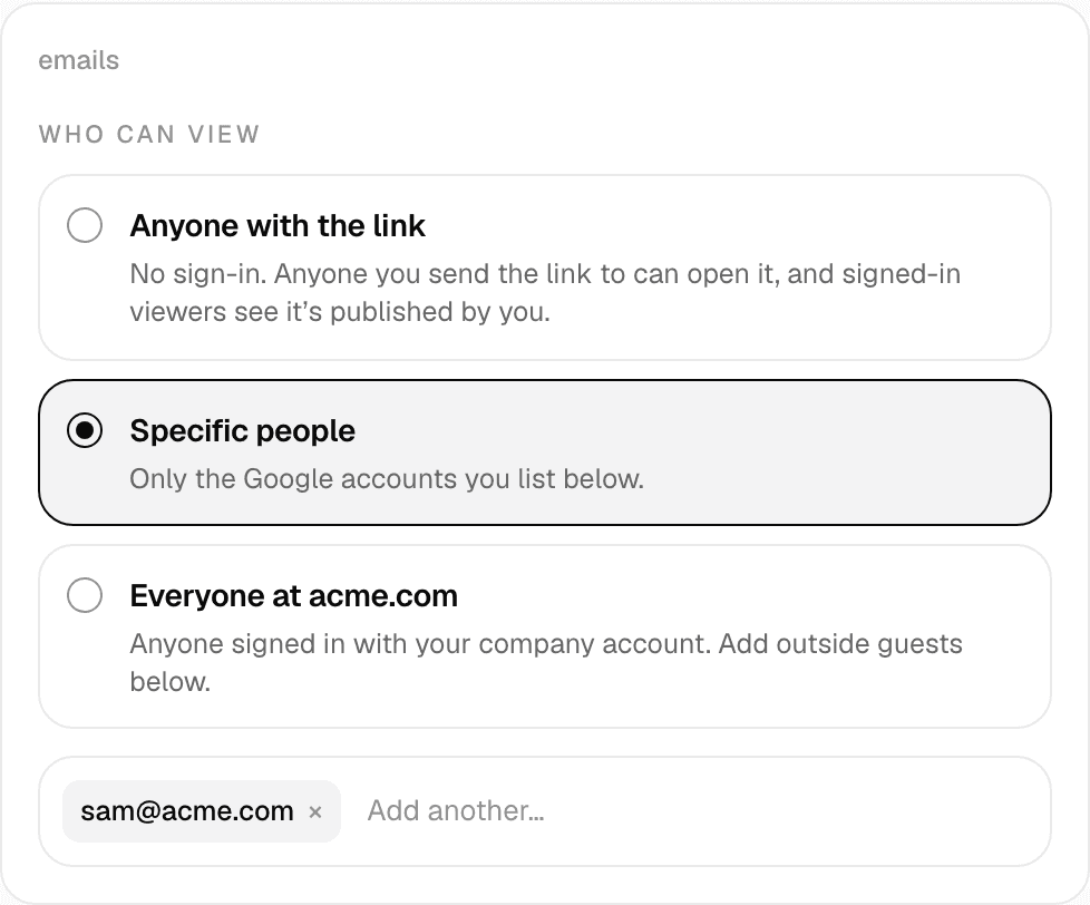 Pagebox sharing controls with Specific people selected and Sam at Acme added